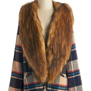 Retro Vintage Inspired 1970s Paid Coat with detachable Fur Collar